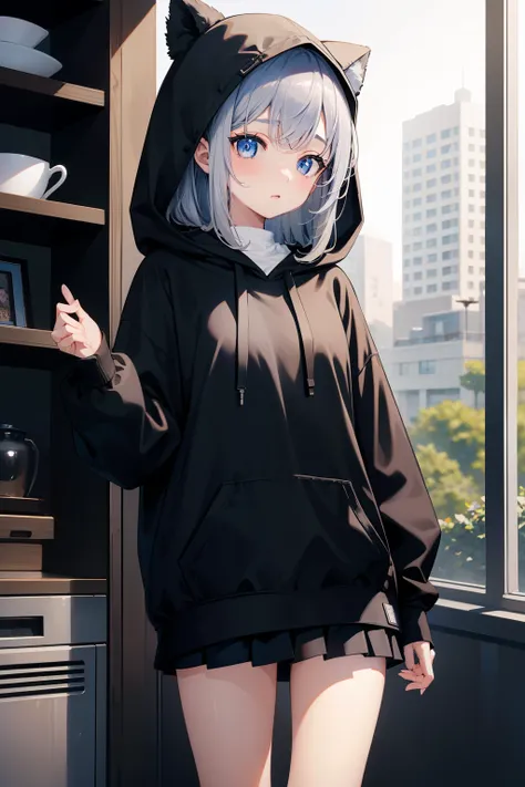 masterpiece、highest quality、girl、Gray Hair、long、Wearing a black hoodie、Blue Eyes、Small breasts、fun、wearing a gray skirt