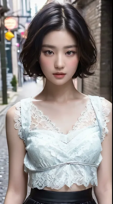 ((best quality, 8K, masterpiece: 1.3)), (Lace top with skirt: 1.3), focus: 1.2, Perfect body beauty: 1.4, Hips: 1.2, ((Layered Hairstyle: 1.2)), (Dark Street: 1.3), Highly detailed face and skin textures, delicate eyes, Double eyelids, Skin Whitening, Laye...