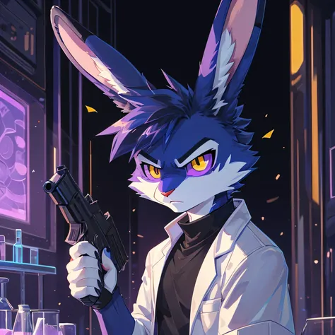 score_9, score_8_up, best quality, masterpiece, very detailed, high resolution, sharp, sharp image, detailed background, Rabbit, rabbit features, rabbit face, rabbit ears, rabbit full body, male, men, boy, angry, (((dark blue fur))), (((dark blue))), lab c...