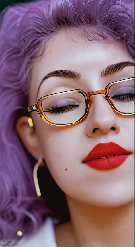 slightly curled hair, Rimless Glasses, Small spots under the corners of the mouth, / Note Lilac Earrings, Mouth slightly closed, Red lips, Surrealism, High detail, Strong chiaroscuro, Film grain, Panorama, Ultra-high resolution, Accurate, Textured skin.