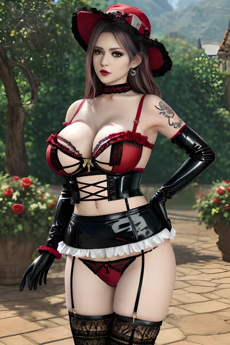 1 girl,BREAK (Royal:1.4), (red and black theme:1.5), ((red) bucket hat with rose corsage:1.4), (fusion of black high neck crop top and latex (red bustier):1.4), ((floral lace, see-through):1.3), ((sleeveless, bare shoulders):1.3), (red tiered skirt with bl...