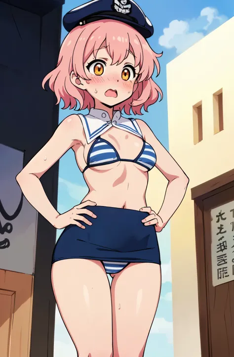 ((Table t○p, highest quality, Hi-Res Lucifer,Anime Screen Capture、Pixel perfect, 8k)))、nsfw、Perfect Anatomy、Female police officer、(((low length、Small breasts、Wide Hips、Wide hips、Thick thighs、Hands on Hips)))、(((Short Hair、Wavy Hair)))、Police Hat、(((Skirt f...