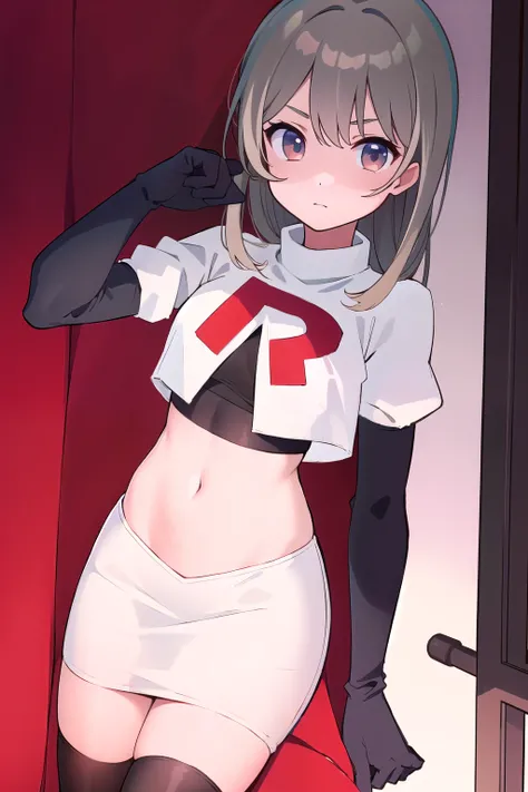 
(((masterpiece))),highly detailed, ((best quality))  (highres), aki_rinco, (1girl),  solo, brown_hair,  eyebrows_visible_through_hair, grey_hair, looking_at_viewer, team rocket,team rocket uniform,white skirt,red letter R,crop top,black thigh-highs,black ...