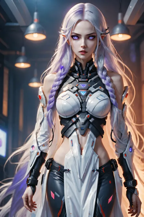 a cyberpunk cyborg girl, a cyberpunk cyborg girl, two cyborg girls standing side by side, yinji, purple hair, purple eyes, long hair, white hair, double braids, gradient hair, highly detailed, intricate machinery, glossy metal skin, glowing blue lights, co...