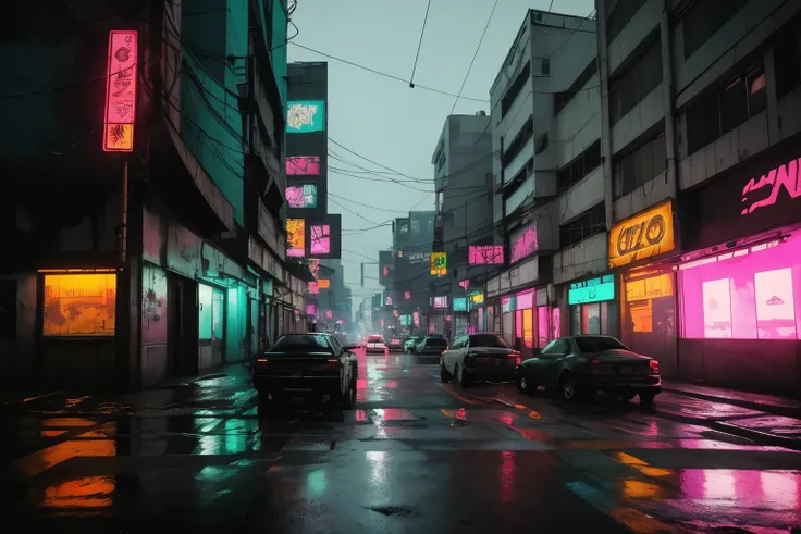 A city at night,chuva, chuvoso, molhado na cidade cyberpunk, estilo de arte cyberpunk, rua ciberpunk, Cyberpunk vibes, brilho cyberpunk brilhante, Cyberpunk vibe, cyberpunk with neon lighting, digital arte de anime cyberpunk, inspirado em Liam Wong, cores ...