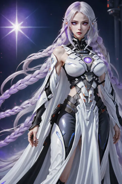 two cyborg girls standing side by side, yinji, purple hair, purple eyes, long hair, white hair, double braids, gradient hair, highly detailed, intricate machinery, glossy metal skin, glowing blue lights, complex circuitry, futuristic technology, edge light...