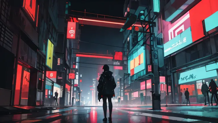 A city at night,chuva, chuvoso, molhado na cidade cyberpunk, estilo de arte cyberpunk, rua ciberpunk, Cyberpunk vibes, brilho cyberpunk brilhante, Cyberpunk vibe, cyberpunk with neon lighting, digital arte de anime cyberpunk, inspirado em Liam Wong, cores ...