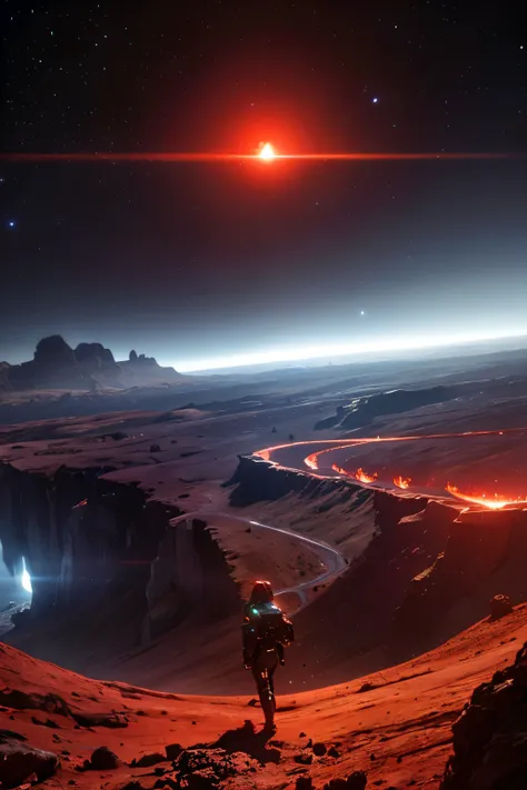 cybernetic earth with a red light inside, scientific earth crust, the earth sprouts lava, earth covers lightly, whole earth, the earth, hollow earth, earth outside, vtm, the planet is warm with canyons, earthy, the planet, the stars and galaxy in the backg...