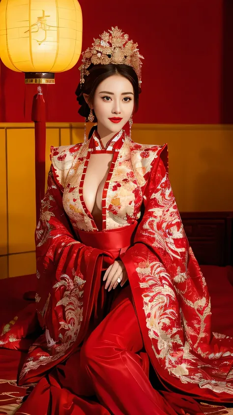 (Hyper-realistic 8K CG: 1.2), Perfect work of art, Exquisite patterns, Intricate details, (An unrivalled masterpiece, best quality: 1.2), (Extremely complex: 1.2), woman in red and gold dress, ((dark brown hair, Big tits:1.2 )), (Low-cut，Deep V),Phoenix Co...