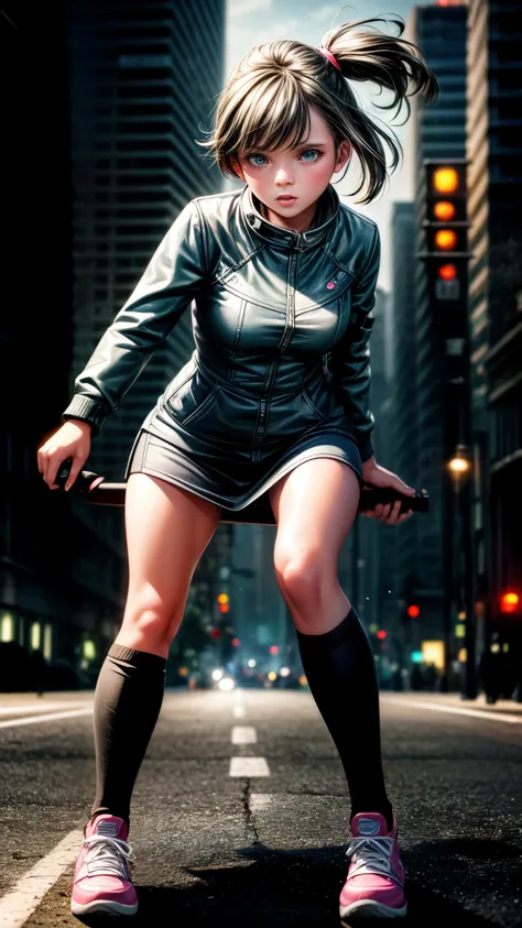 A girl on a kick scooter in the middle of a road, avoiding cars, motion blur effect, 1girl, detailed facial features, beautiful girl, detailed clothing, dynamic pose, road, city background, cinematic lighting, vibrant colors, photorealistic, highly detaile...