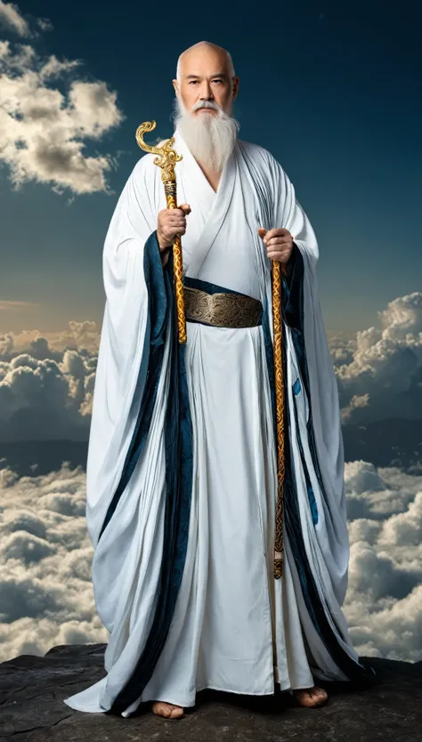 masterpiece,high quality,fantastic,fantastic,solo,staff,old,beard,white hair,old man,holding,bald,full body,holding staff,robe,looking at viewer,mustache,standing,wide sleeves,long sleevesan elderly,white-haired figure with a long beard,amidst a backdrop o...