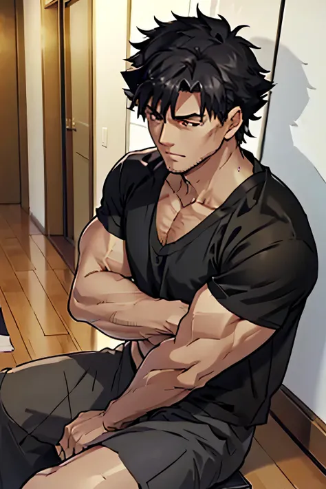 Kiritsugu is sitting and flexing his biceps and abs. He wears a black tanktop with short sleeves and black boxershorts. You can see his abs.