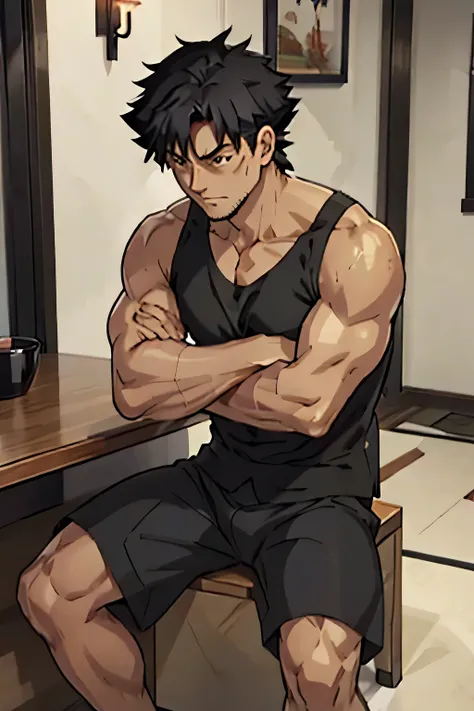 Kiritsugu is sitting and flexing his biceps and abs. He wears a black tanktop with short sleeves and black boxershorts. You can see his abs.