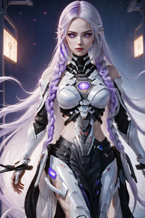 (two cyborg girls standing back-to-back looking at the viewer), yinji, purple hair, purple eyes, long hair, white hair, double b...