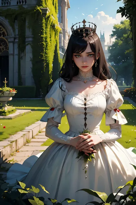 queen of garden, gothic, white dress, thorns, black hair, green eyes, coffee, sad, crying because love, sunlight, crown, palace, blood, suffering, hurted