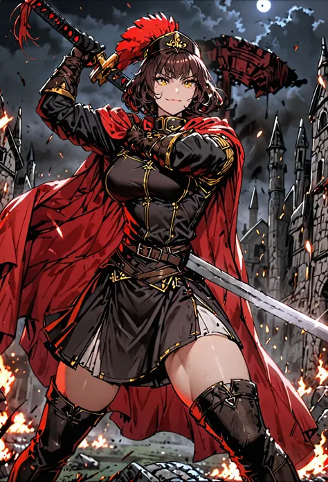 Solo, female, sfw, medium shot, short hair, curly hair, dark auburn hair, extremely tall, large woman, golden eyes, black military uniform, red cape, thigh boots, smile, blood, battlefield, military hat, plume, muscular, leather gloves, action pose, huge b...