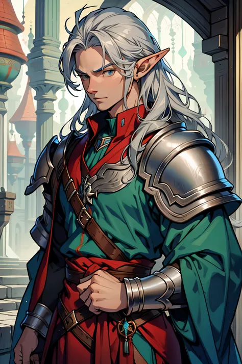 Elf man, Long silver hair, fit, wearing blue, red, green robes, wearing silver braces and shoulder pads