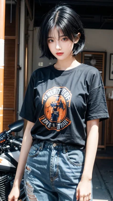 best quality, 1 Girl, dark blue hair, black eyes, Very short hair, Spiky hair, oversize t-shirt orange , High waist short jeans, 171 cm, Messy hair, Hair between the eyes, Medium breasts, full, Tomboy, aldult, 20 years old, 1 Girl near motorcycle orange