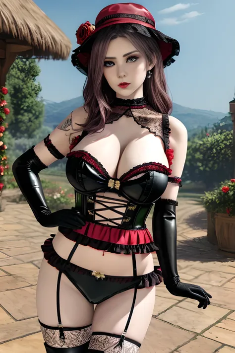 1 girl,BREAK (Royal:1.4), (red and black theme:1.5), ((red) bucket hat with rose corsage:1.4), (fusion of black high neck crop top and latex (red bustier):1.4), ((floral lace, see-through):1.3), ((sleeveless, bare shoulders):1.3), (red tiered skirt with bl...