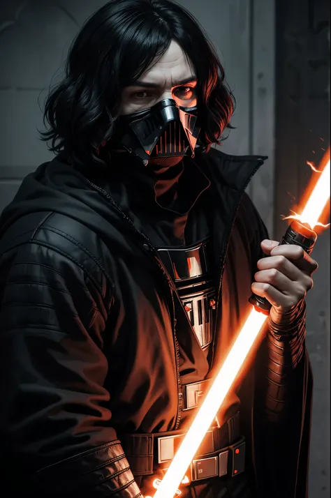 Kylo Ren, using a fire orange lightsaber in your half hand, a bad scar in face, using a mask and gray armor,