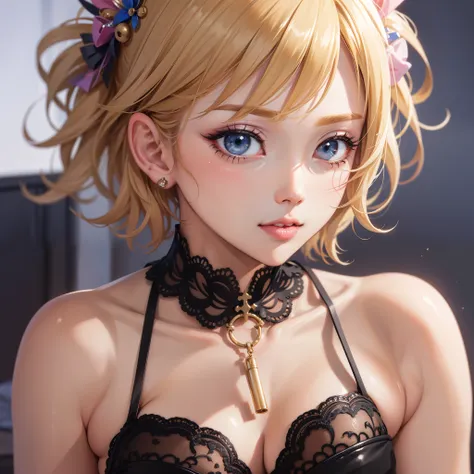 masterpiece，best quality，high quality，realism，looking at the audience，Detailed lighting，The skin is very delicate，Extremely detailed short hair，blonde，shadow，8K：1.2，1 girl，Biting your lips:1.4, close up, woman&#39;shirt，Lace shorts，Crop Top