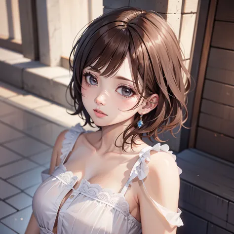 masterpiece，best quality，high quality，realism，looking at the audience，Detailed lighting，The skin is very delicate，Extremely detailed short hair，Brown hair，shadow，8K：1.2，1 girl，Biting your lips:1.4, close up, woman&#39;shirt，Lace shorts，Crop Top