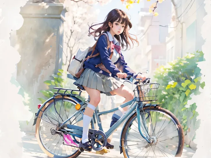 (masterpiece, highest quality:1.2), Reality、One girl riding a bicycle, alone、high school girl、uniform、(From before)、Blank background、White background、Watercolor style、