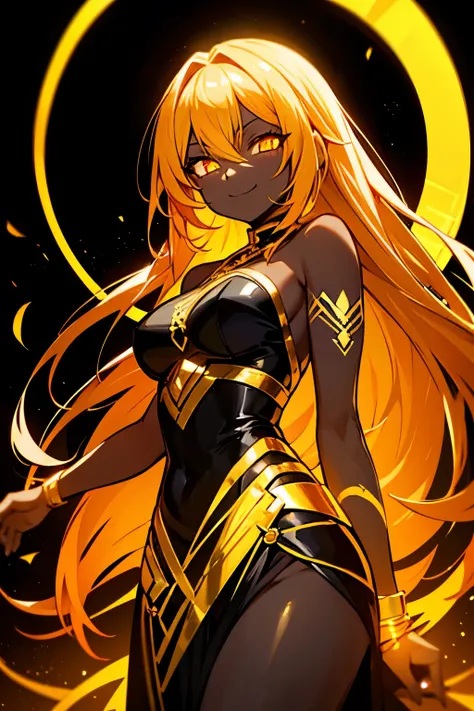 black skin, anime woman, happy, glowing gold eyes, glowing gold tattoos, medium length glowing gold hair, wearing a black dress