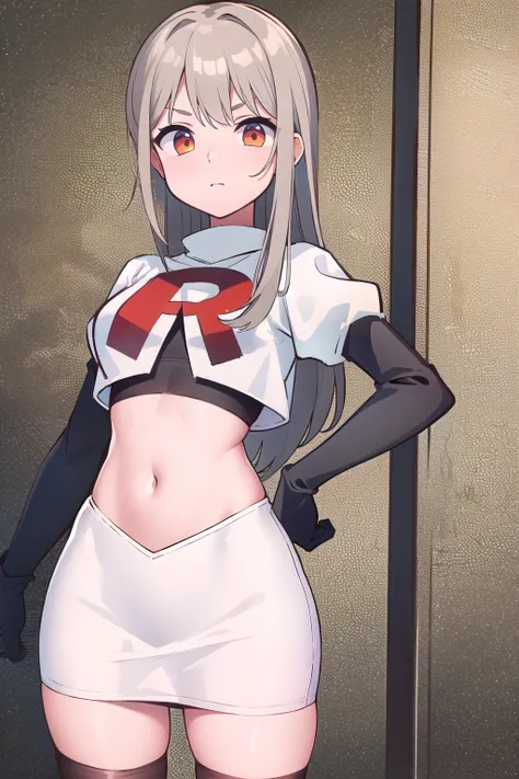 
(((masterpiece))),highly detailed, ((best quality))  (highres), aki_rinco, (1girl),  solo, brown_hair,  eyebrows_visible_through_hair, grey_hair, looking_at_viewer, team rocket,team rocket uniform,white skirt,red letter R,crop top,black thigh-highs,black ...