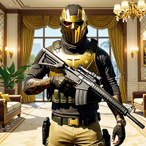 A man in tactical clothing with a gold-colored mask and bulletproof vest, holding long rifles,in a luxury mansion,style grand theft auto, portair hd