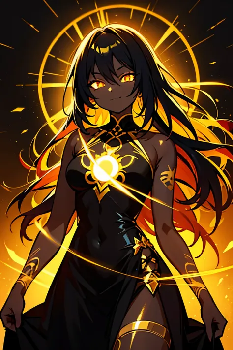 black skin, anime woman, happy, glowing gold eyes, glowing gold tattoos, medium length glowing gold hair, wearing a black dress