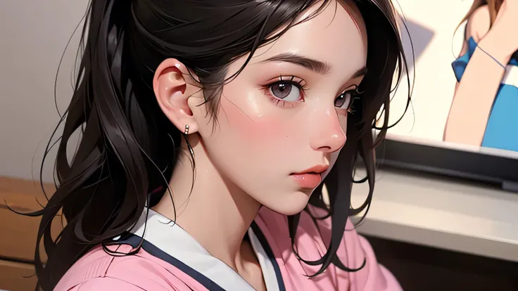 8k, highest quality, super high resolution, 1 female, 1980s pop culture anime style, 21 years old, (masterpiece, high resolution, detailed), Japanese shortcut,, B cup (photorealistic): 1.4), ( famous Japanese actress: 1.2), very beautiful, cute, profession...