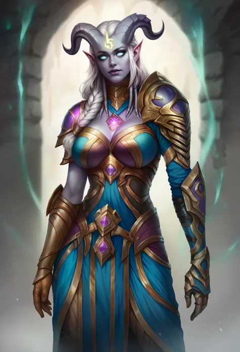 score_8_up, score_7_up, fullbody shot of beautiful lightforged draenei paladin girl, long white hair, single braid, heavy armor ...