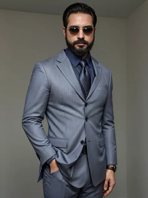 A 38-year-old man with a neatly groomed beard and stylish sunglasses. He is dressed in an elegant, tailored suit, featuring a sharp blazer and a crisp dress shirt. The blazer is a deep navy blue with subtle pinstripes, and the shirt is a classic white with...