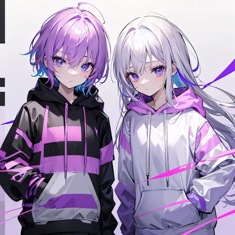 Gender-fluid, gender-fluid flag colors; pink, white, purple, black, blue. Pink fading into white hair, striped hoodie; purple line over black line over the bottom blue line, the three lines on the hoodie or equally spaced and are touching but not overlappi...