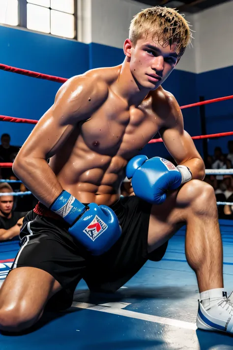 a lean 19-year old shirtless caucasian male wearing blue boxing gloves, black boxing shorts, boxing shoes, messy blonde hair, tanned skin, sweating, drenched with sweat, sitting on the floor, inside the ring