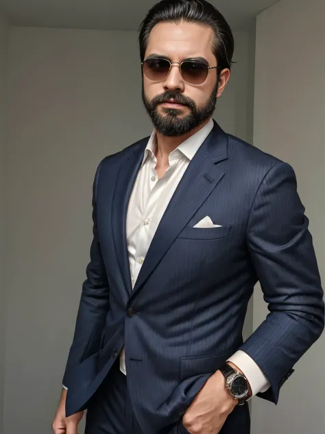 a 38-year-old man with a neatly groomed beard and stylish sunglasses. he is dressed in an elegant, tailored suit, featuring a sh...