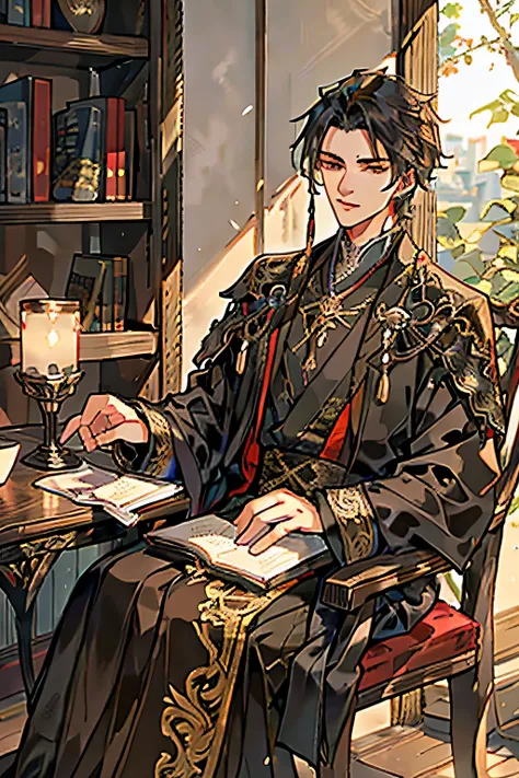 A 22-year-old young man，A black brocade robe，Handsome and handsome，High nose bridge，Lips tightly closed，Temperament is cold，Sit in a chair