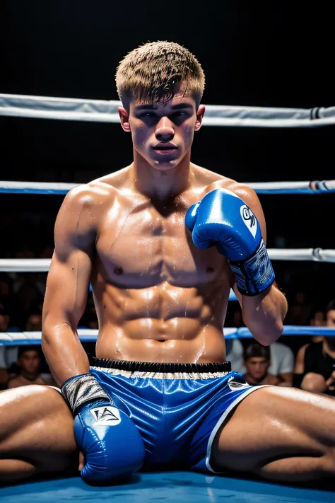 a lean 19-year old shirtless caucasian male wearing blue boxing gloves, black boxing shorts, boxing shoes, messy blonde hair, tanned skin, sweating, drenched with sweat, sitting on the floor, inside the ring