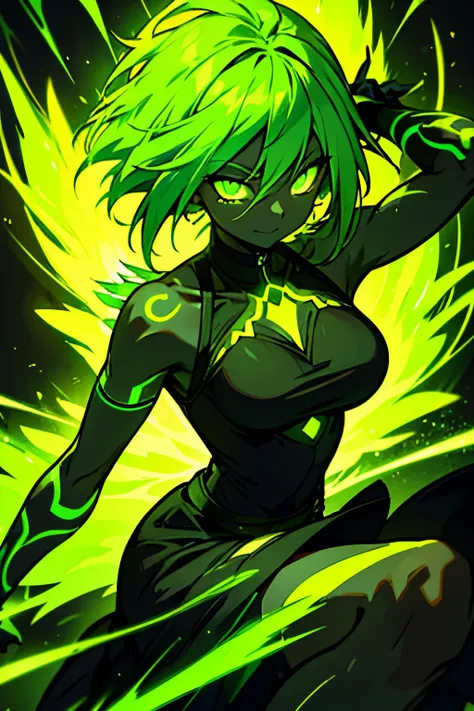 black skin, anime woman, happy, glowing green eyes, glowing green tattoos, extremely short glowing green hair, wearing a black dress