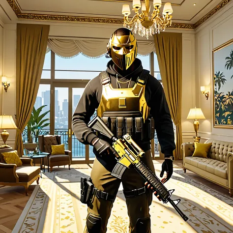 A man in tactical clothing with a gold-colored mask and bulletproof vest, holding long rifles,in a luxury mansion,style grand theft auto, portair hd