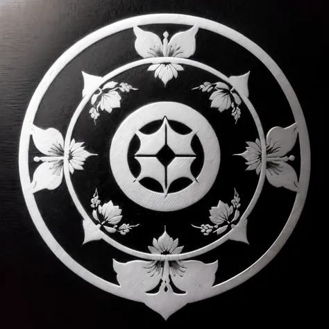 there is a black and white picture of a circular design, dog paw symbol, highly detailed engraving, inspired by Sesshū Tōyō, etched relief, shield design, engraved vector, inspired by Hanabusa Itchō II, highly detailed etching, engraved, flower motif, insp...