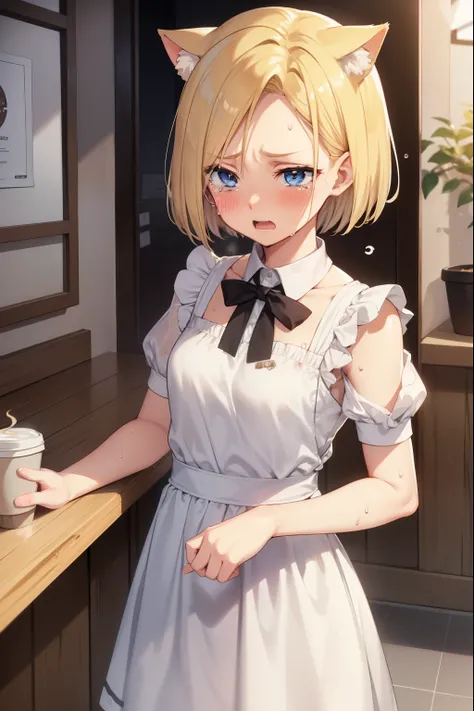 Android 18,Crying face,Embarrassing,shy,Sweat,Please open your mouth wide,blush,Maid clothes,Cat ear,coffee shop,blonde,short hair,Cat&#39;tail,tears,Embarrassing,panic,Trouble,