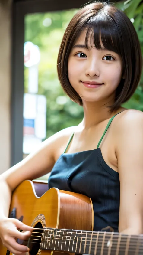 masterpiece　High resolution　Female student　very cute　natural atmosphere　boyish　16 years old　Bobcut　Dimples　Mole　Tanuki face　Tank top　Playing Acoustic Guitar　Are standing　