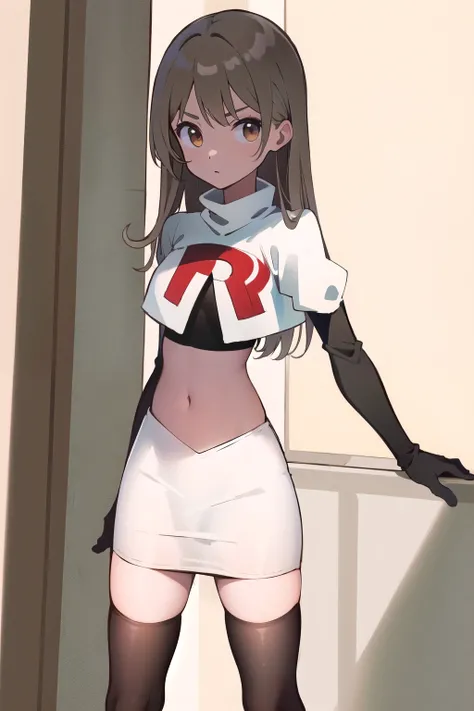 
(((masterpiece))),highly detailed, ((best quality))  (highres), aki_rinco, (1girl),  solo, brown_hair,  eyebrows_visible_through_hair, grey_hair, looking_at_viewer, team rocket,team rocket uniform,white skirt,red letter R,crop top,black thigh-highs,black ...