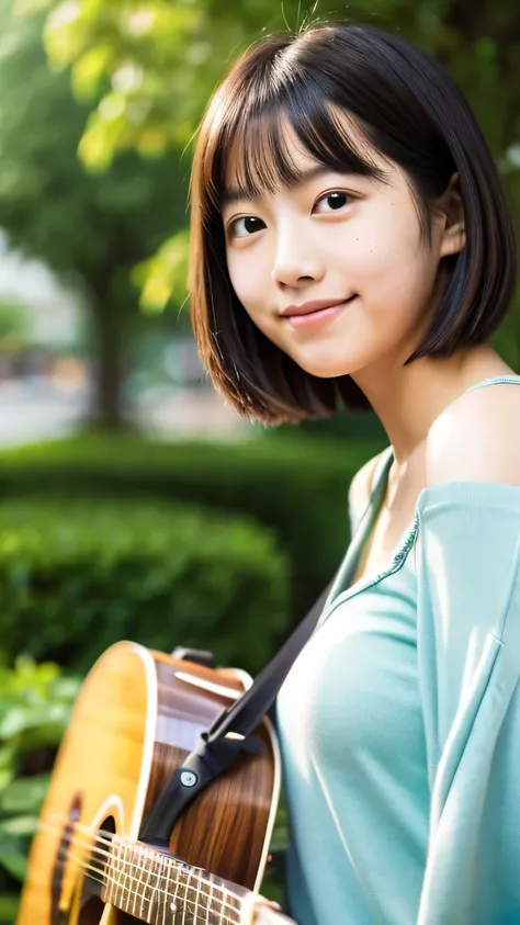 masterpiece　High resolution　Female student　very cute　natural atmosphere　boyish　16 years old　Bobcut　Dimples　Mole　Tanuki face　Tank top　Playing Acoustic Guitar　Are standing　