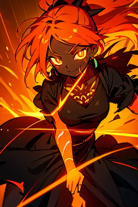 black skin, anime woman, happy, glowing orange eyes, glowing orange tattoos, glowing orange hair ponytail, wearing a black dress