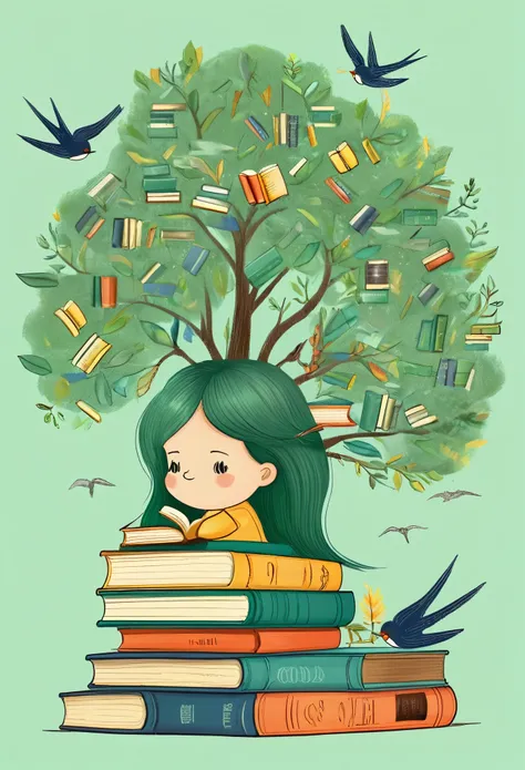 Digital illustration art, Funny illustration decorated with many books, Trees, Pen, A little swallow, ETC. On her head. Her hair is composed of many books and Trees, and the background is green Trees and hills (The background blends in with the little girl...