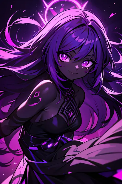 black skin, anime woman, happy, glowing purplee eyes, glowing purple tattoos, glowing purple messy fluffy purple hair, wearing a...