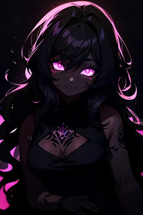 black skin, anime woman, happy, glowing black eyes, glowing black tattoos, glowing black curly hair, wearing a black dress, blac...